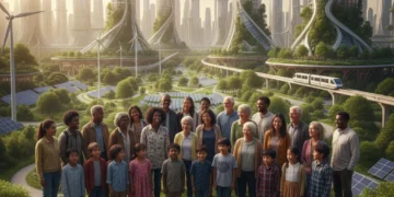 Diverse US population group with futuristic city, symbolizing 2026 demographic shifts and community planning.