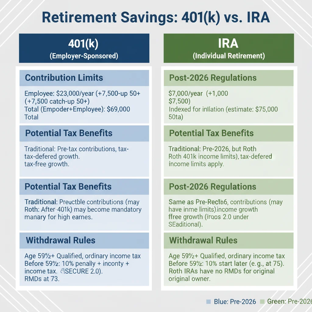 Infographic comparing 401k and IRA contribution limits before and after 2026 regulations
