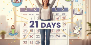 Person achieving goals with positive habits, 21 day challenge calendar