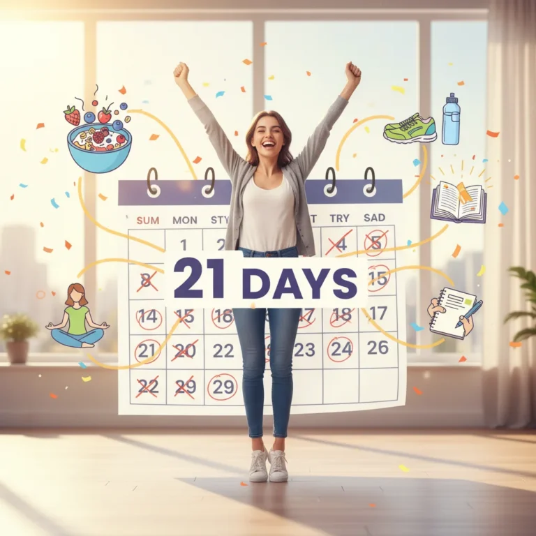 Person achieving goals with positive habits, 21 day challenge calendar