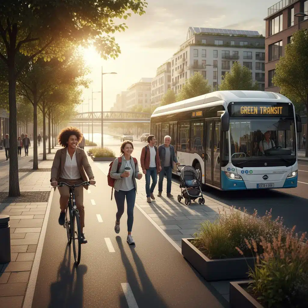 Commuters cycling, walking, and using public transit in a modern urban environment.