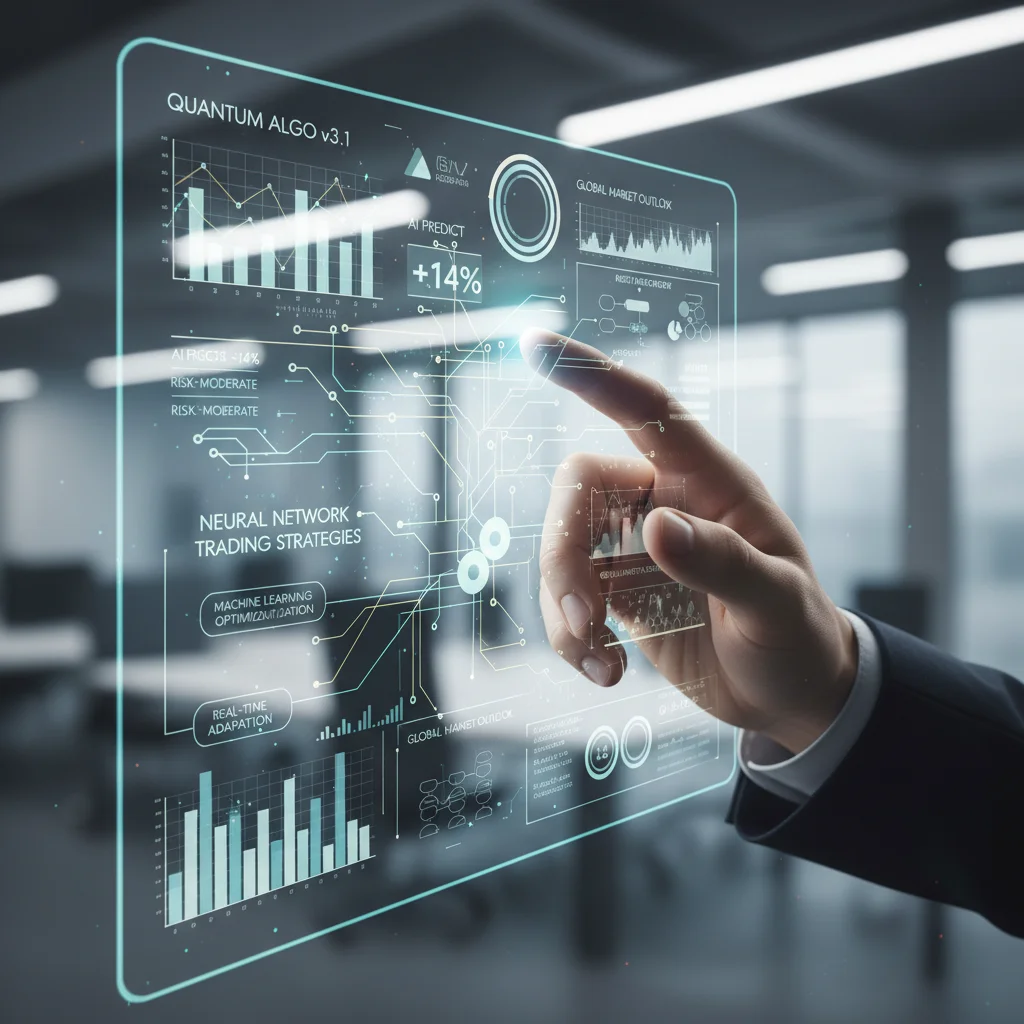 Hand interacting with a transparent touchscreen showing AI-driven investment algorithms and market predictions.