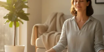 Peaceful American meditating for self-compassion and inner peace