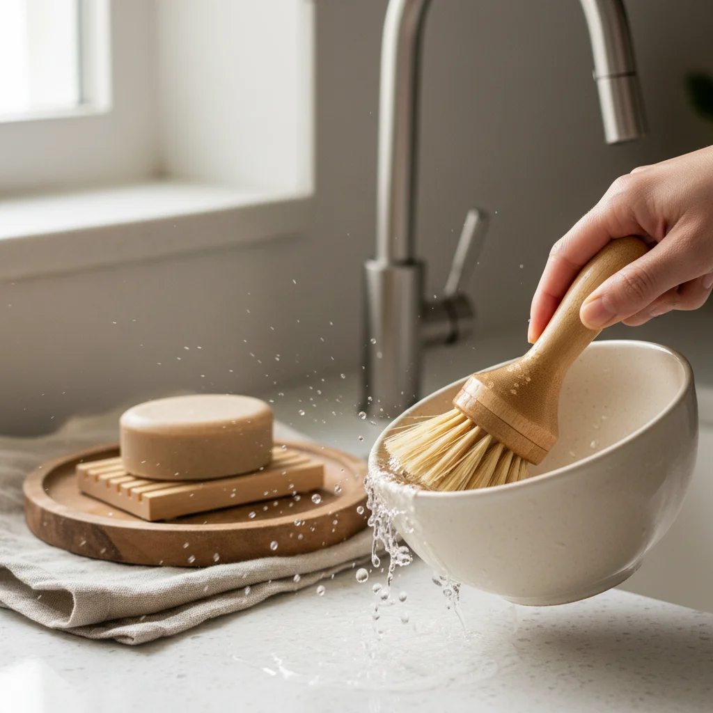 Bamboo dish brush and solid dish soap for eco-friendly cleaning