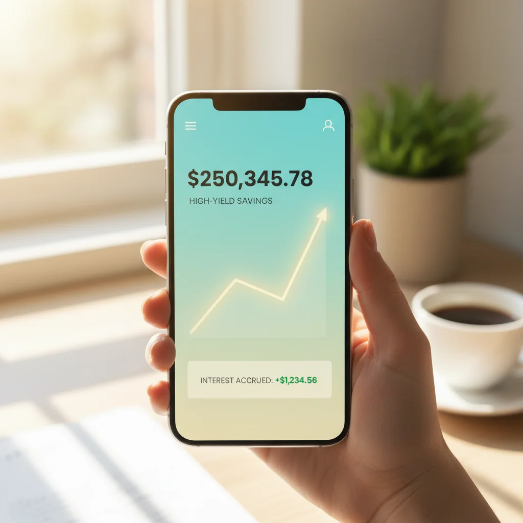 Smartphone displaying banking app with high-yield savings balance and interest growth.