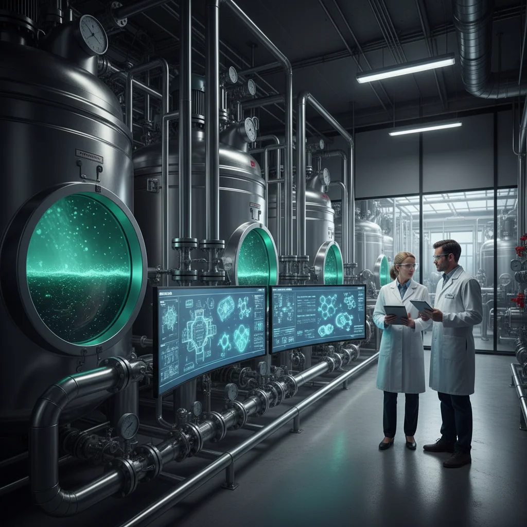 Advanced bioreactor converting organic waste into energy and valuable byproducts, with technicians monitoring the process.
