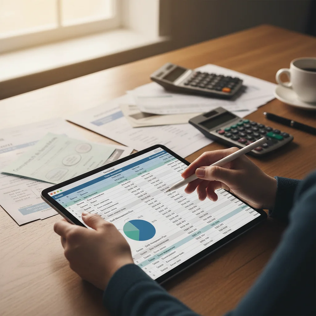 Person meticulously planning budget and managing debt