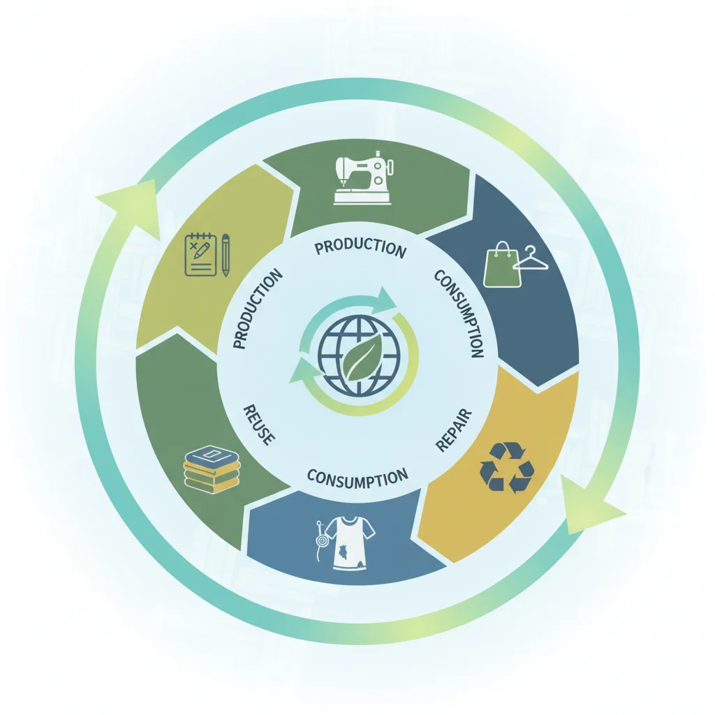 Digital illustration of a circular fashion ecosystem, showing the closed-loop process of textile lifecycle.
