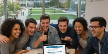 Happy college students reviewing financial aid documents on a laptop, symbolizing successful financial planning.