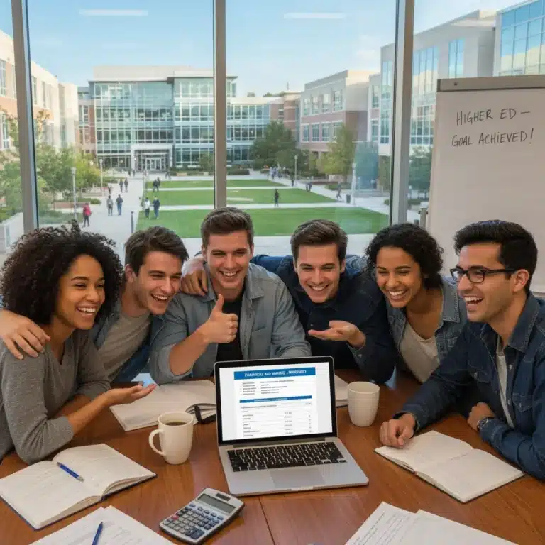 Happy college students reviewing financial aid documents on a laptop, symbolizing successful financial planning.