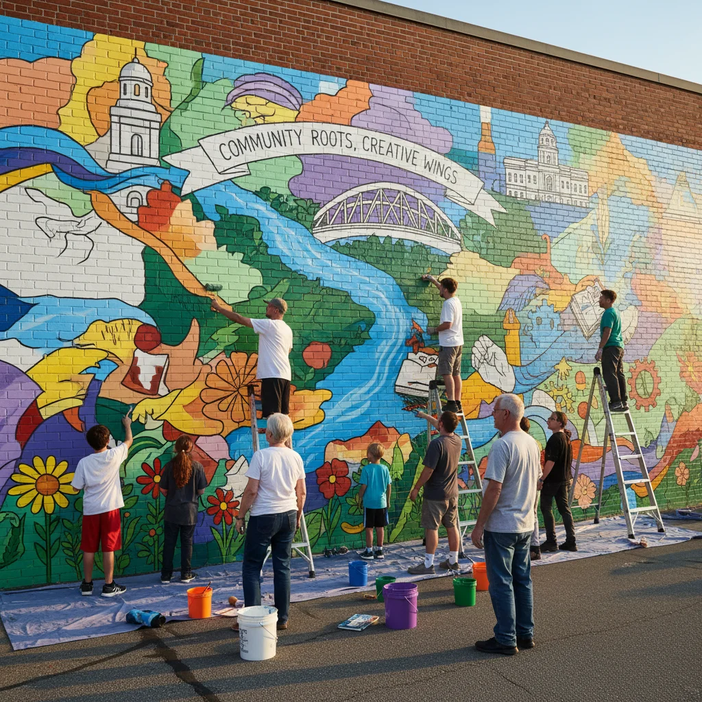 Intergenerational group collaborating on a vibrant community art mural.