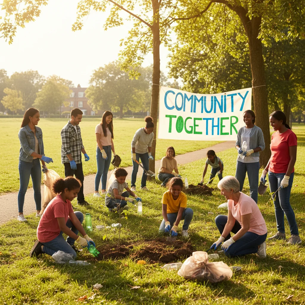 Community members actively participating in a local clean-up and beautification project.