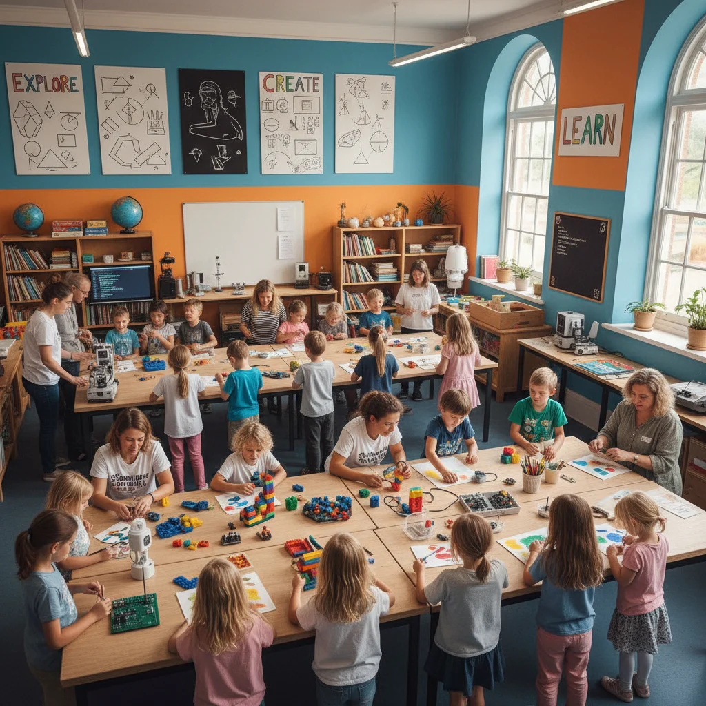 Children and adults participating in an educational workshop at a vibrant community center.