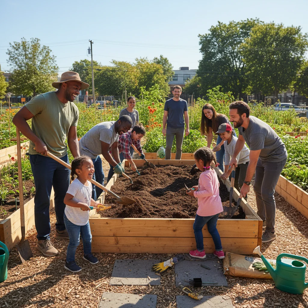 Community members collaboratively building a raised garden bed.