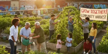 Diverse community members working together in a thriving urban garden, representing successful community-led initiatives.