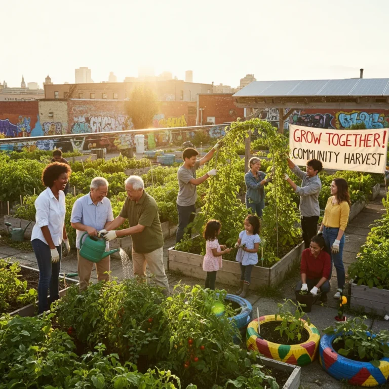 Diverse community members working together in a thriving urban garden, representing successful community-led initiatives.