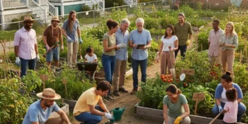Diverse community members engaging in a vibrant garden project, symbolizing modern community engagement.