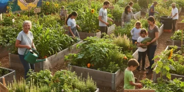 Community members working together in a lush garden, showcasing local resource leveraging for enrichment.
