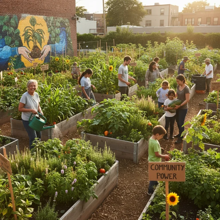 Community members working together in a lush garden, showcasing local resource leveraging for enrichment.