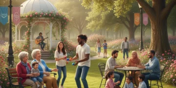 Diverse community members engaging in a park, fostering local connections