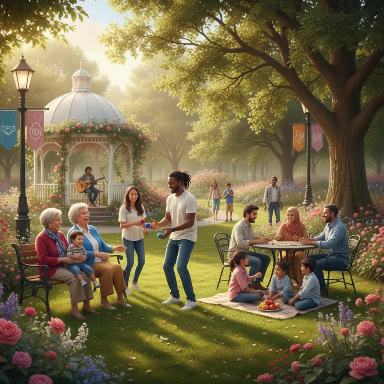 Diverse community members engaging in a park, fostering local connections