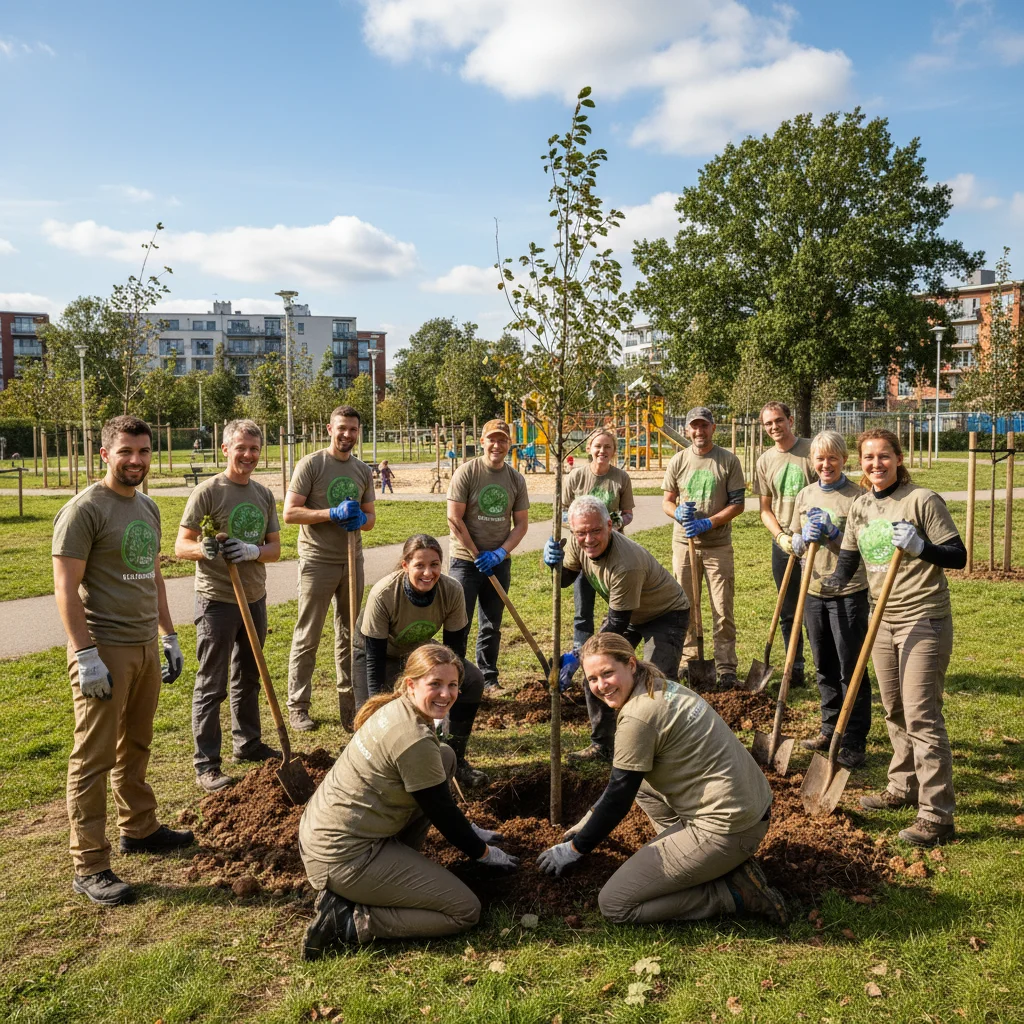 Volunteers planting trees in a community park project