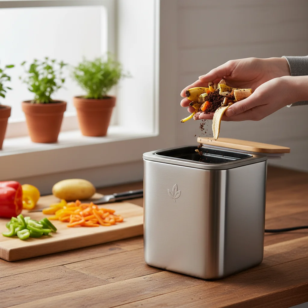 Person actively composting kitchen scraps into a countertop bin, promoting waste reduction.