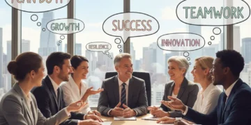 Confident US professionals collaborating in a modern office setting, embodying positive self-talk and professional success.