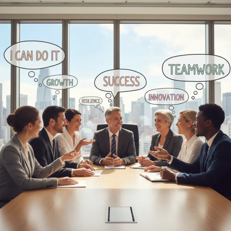 Confident US professionals collaborating in a modern office setting, embodying positive self-talk and professional success.