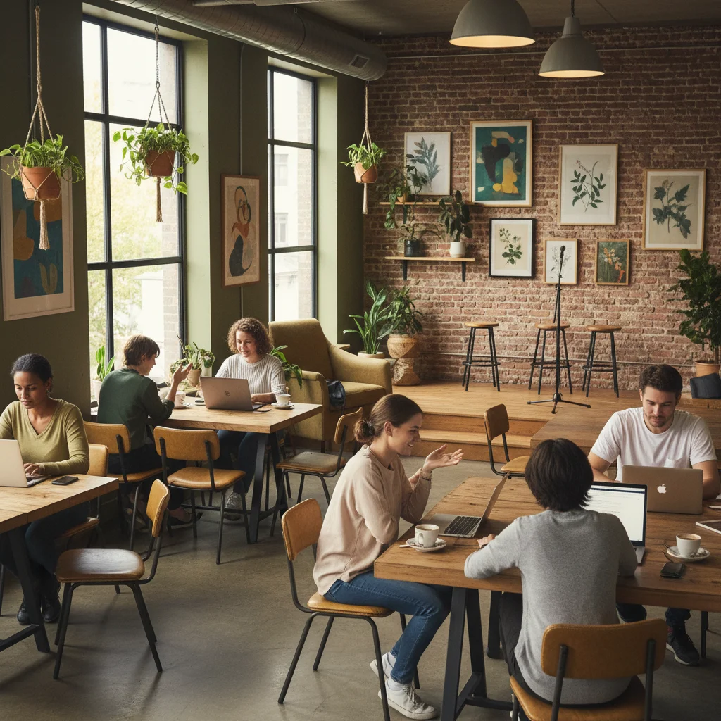 People casually interacting and working in a cozy co-working cafe, promoting community and collaboration.