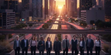 Diverse individuals showing determination in a modern US city, symbolizing grit and resilience.