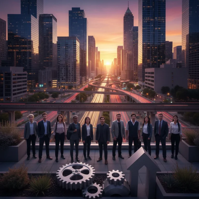 Diverse individuals showing determination in a modern US city, symbolizing grit and resilience.