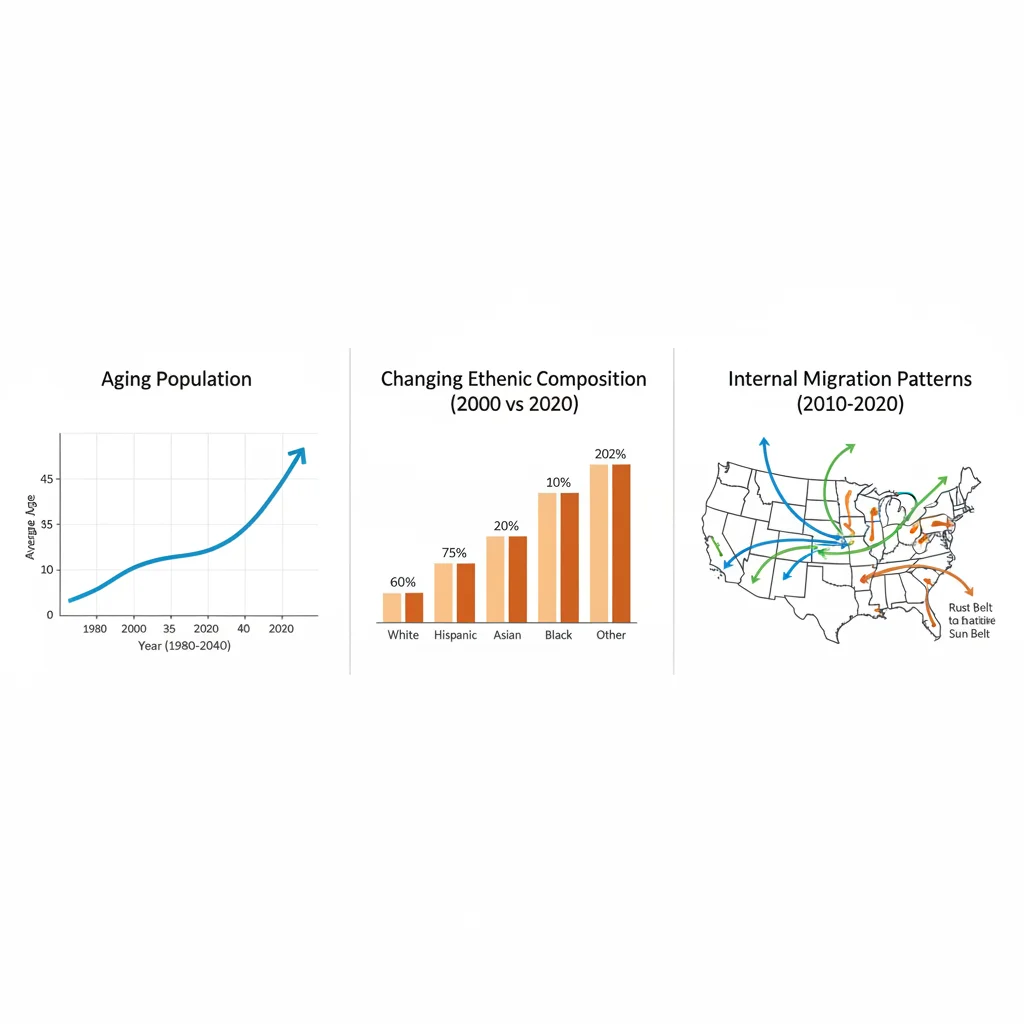 Infographic showing US population aging, ethnic composition changes, and internal migration patterns.