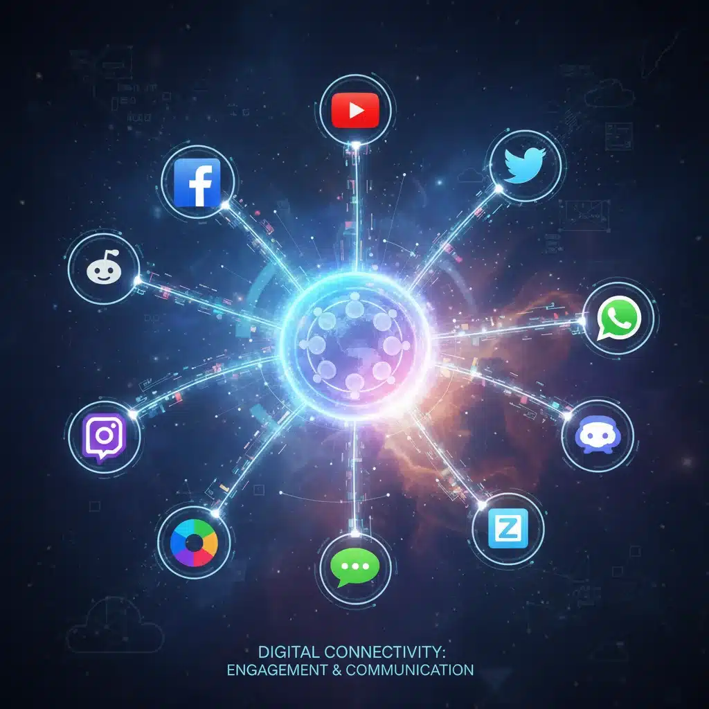 Digital tools and social media platforms connecting to a central community hub for engagement.