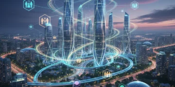 Futuristic digital city representing interconnected community hubs
