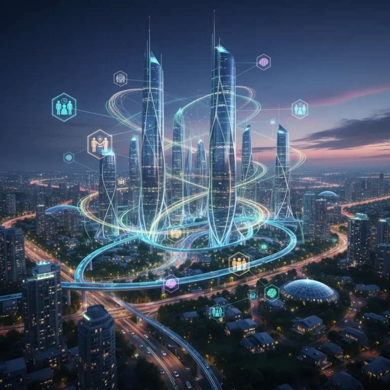 Futuristic digital city representing interconnected community hubs
