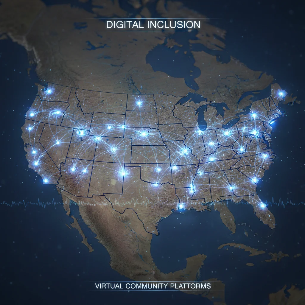 Digital network connecting communities across the United States, illustrating virtual inclusion.