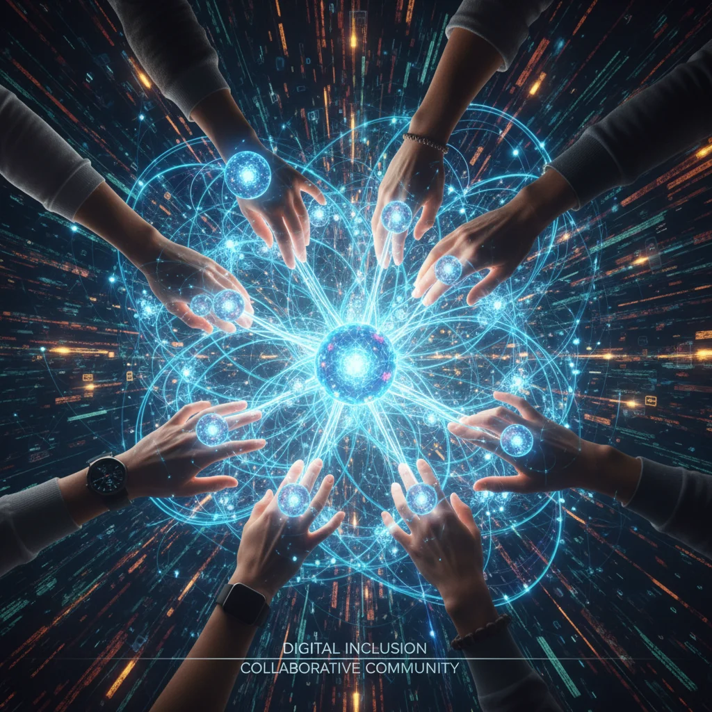 Digital network connecting diverse hands, representing inclusive communication and collaboration.