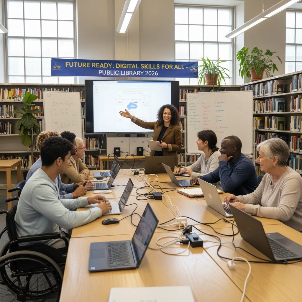 Diverse group learning digital skills in a public library workshop
