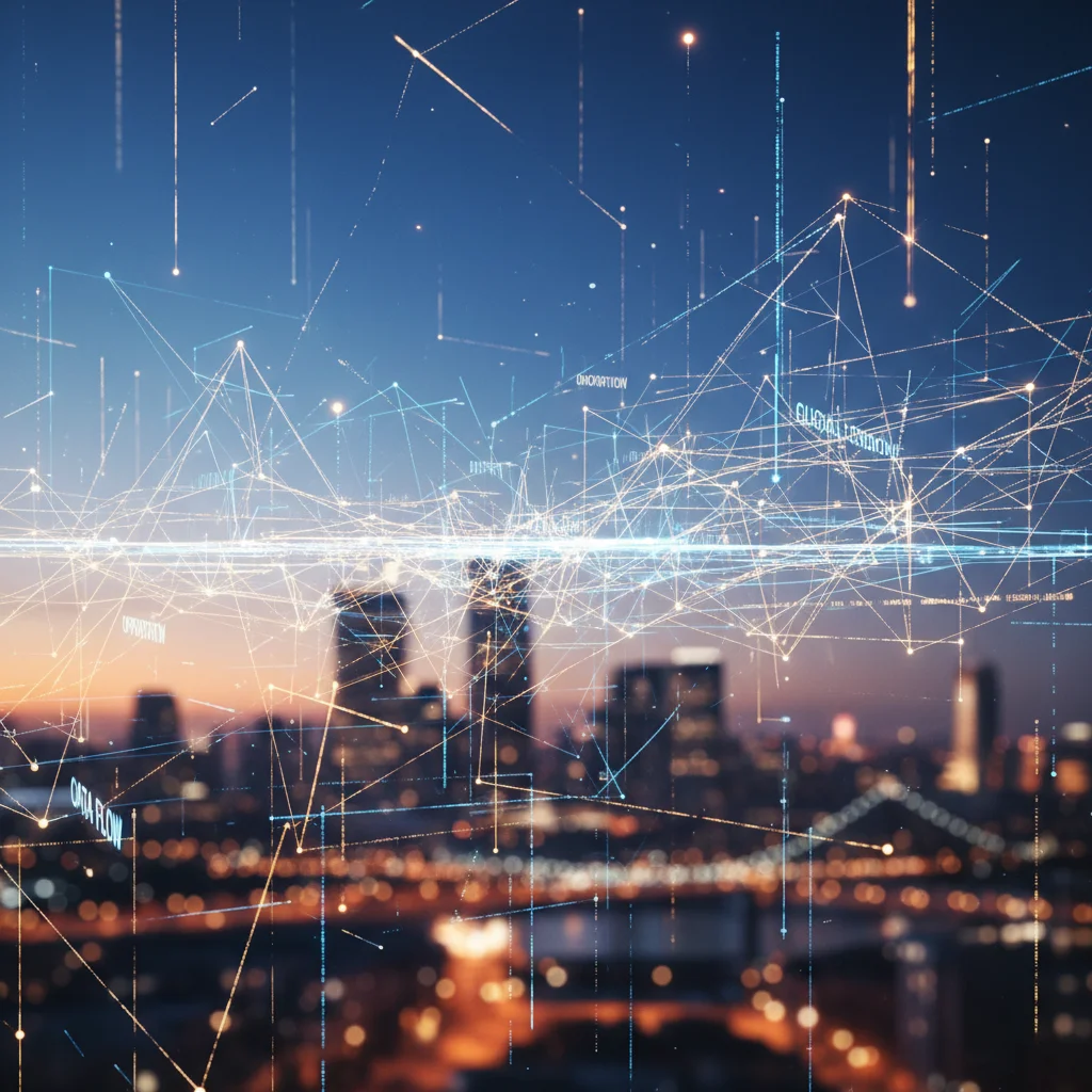 Interconnected digital network over a US city skyline, symbolizing opportunities