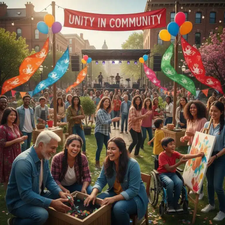 Diverse community members engaging happily at a local event, signifying strong community participation.