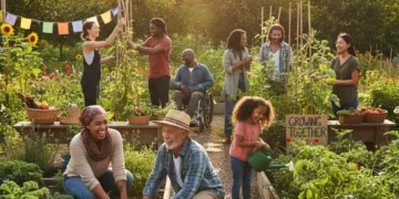 Diverse community members working together in a thriving garden, symbolizing connection and growth.