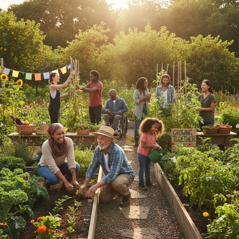 Diverse community members working together in a thriving garden, symbolizing connection and growth.