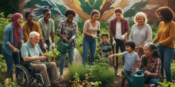 Diverse community members engaging in a collaborative garden project