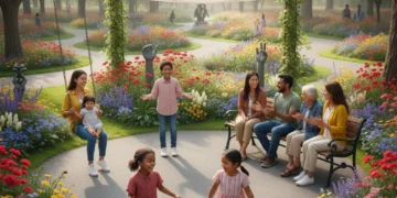 Diverse community members engaging in a park, symbolizing social cohesion