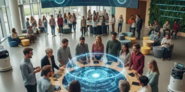 Diverse community members from different generations connecting positively