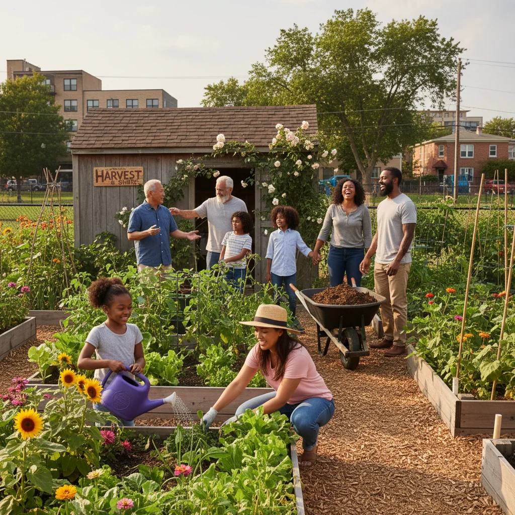 Diverse group of people, including children and adults, collaboratively gardening and interacting in a community plot.