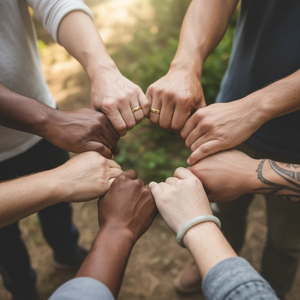 Diverse hands forming a circle, representing community unity and support