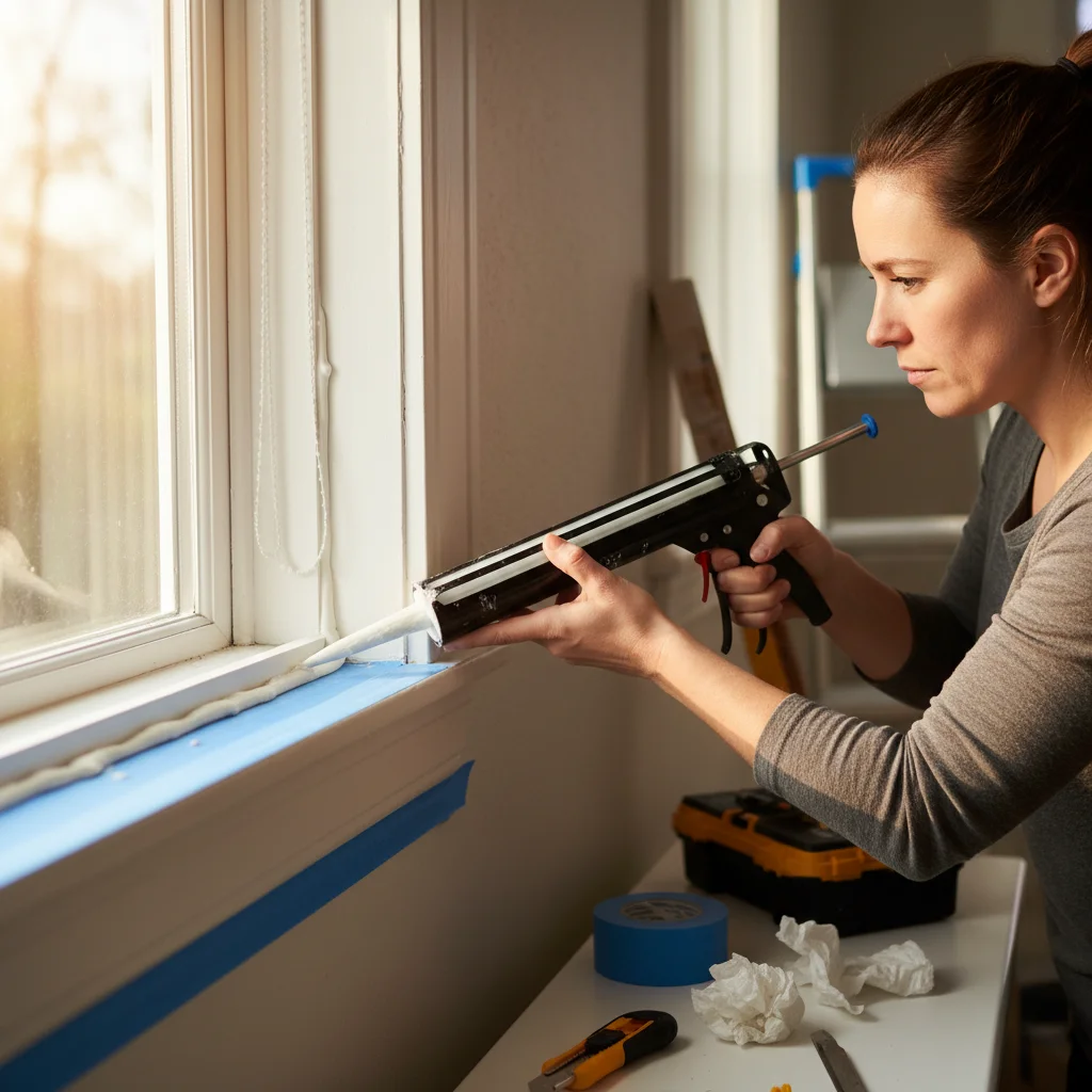 Homeowner sealing window air leaks with caulk