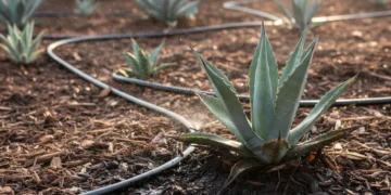 Drip irrigation system efficiently watering a drought-tolerant plant with mulch.